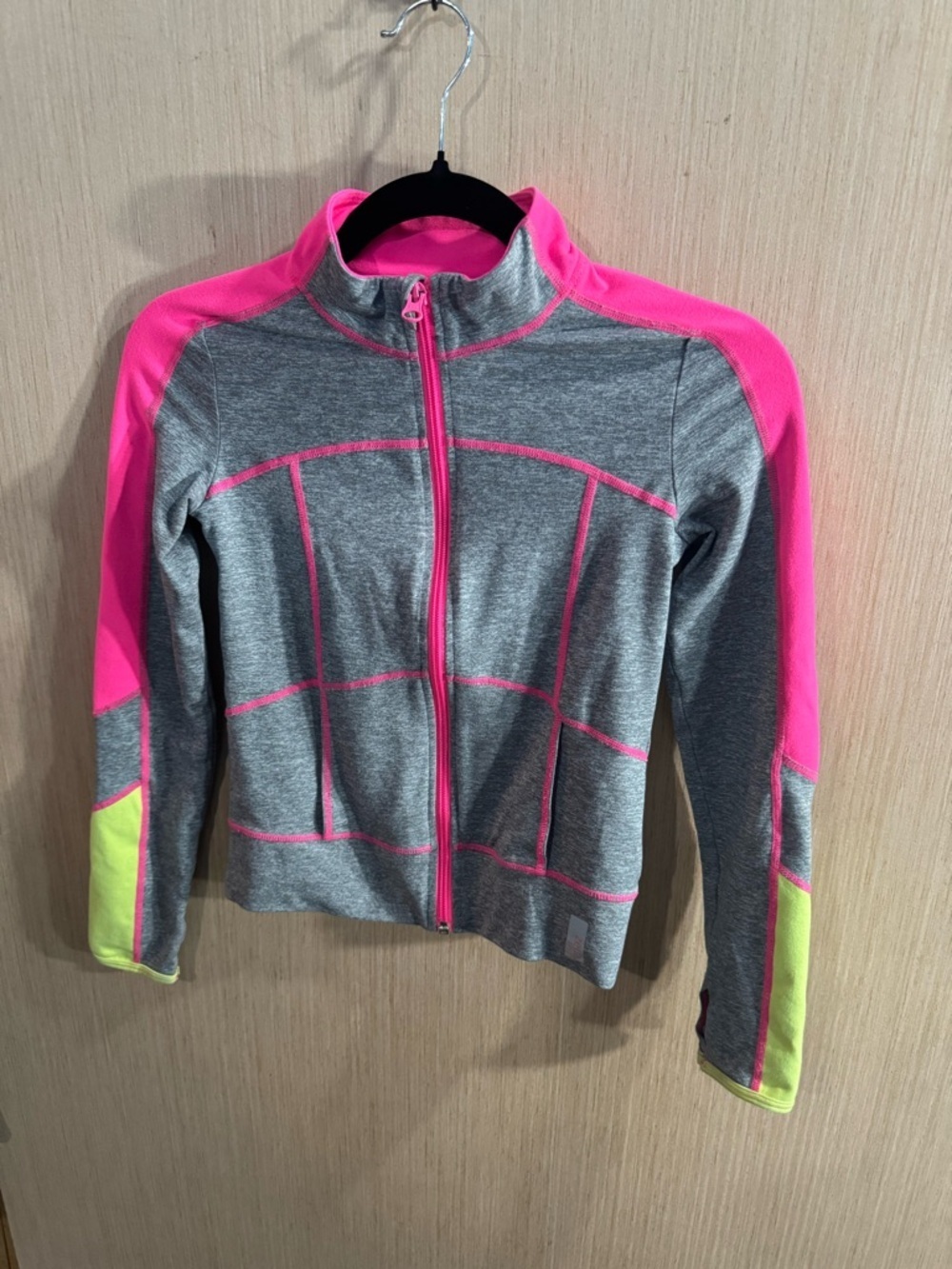 Zella Girl Gray Athletic Jacket with Hot Pink & Neon Yellow Accents Size Medium